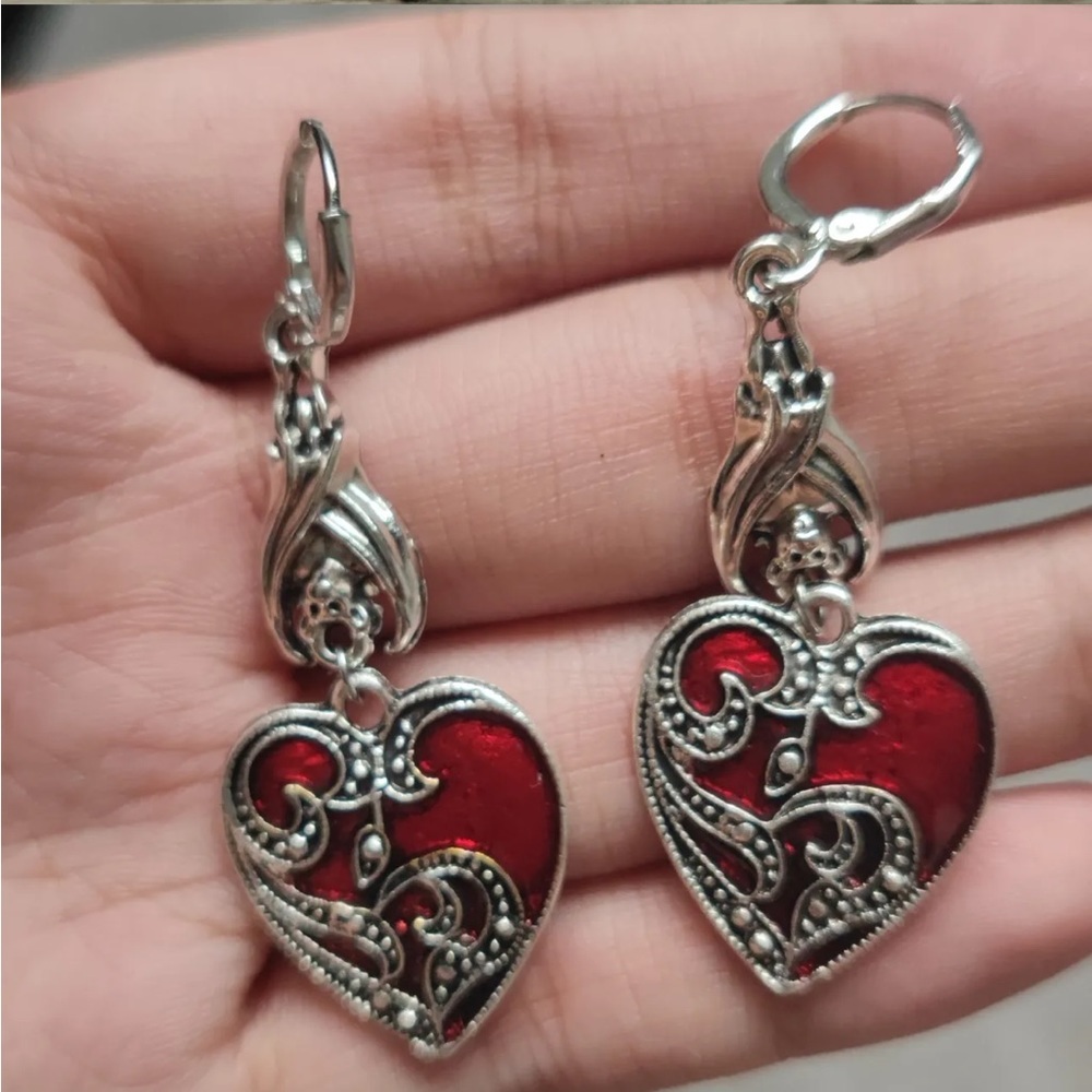 1 Pair Gothic Bat Heart Love Shape Pendant Round Buckle Silver Plated Earrings - Picture 7 of 12